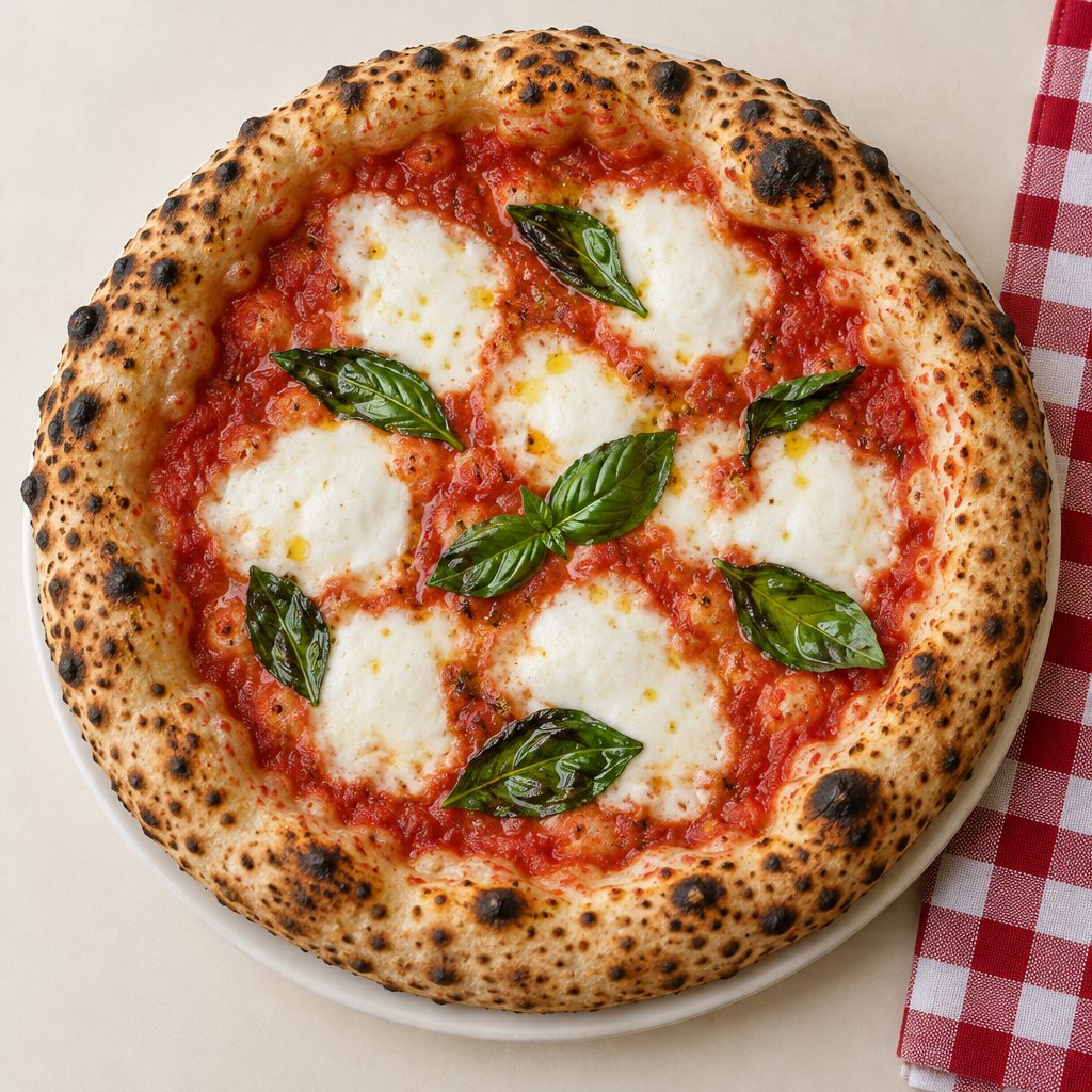 A whole margherita from above, its crust puffed and leopard-spotted, on a gingham cloth