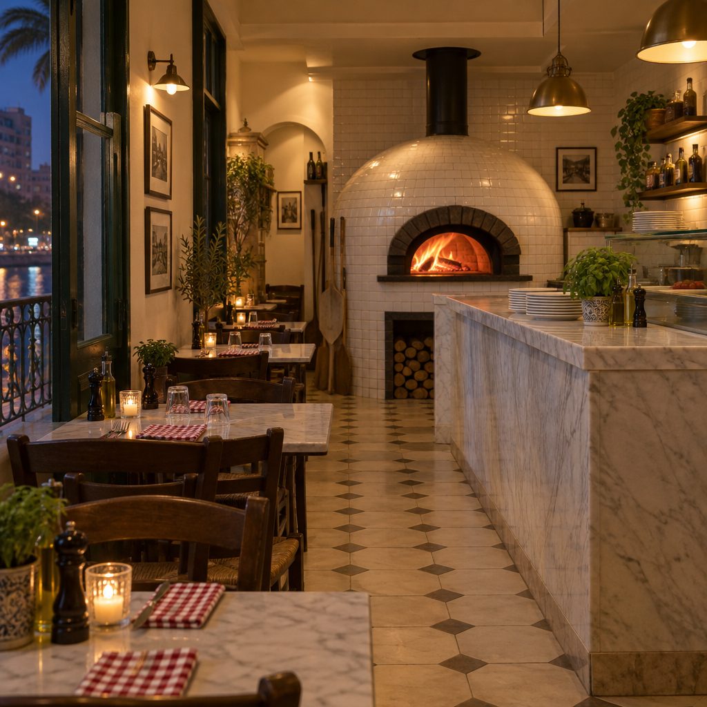 The pizzeria at night: a tiled dome oven glowing at the back, a marble counter, and small tables with gingham napkins by the window